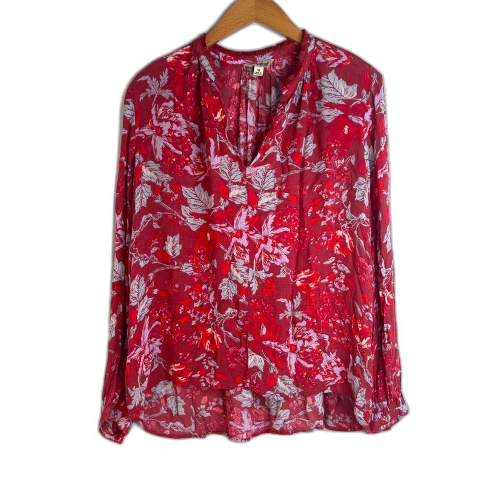 Lucky Brand Rose Floral Lightweight Vneck Peasant Blouse Fringe Trim Size Medium